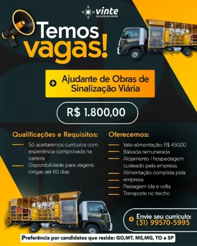 Ajudante de Obras de Sinalização Viária no trecho de Goiânia GO