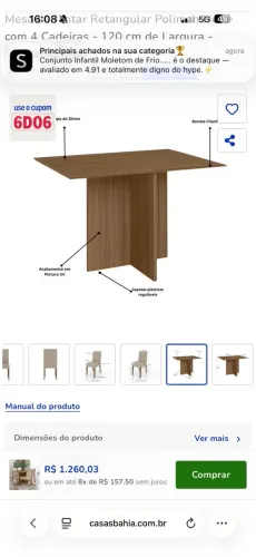 Mesa de jantar com 4 cadeiras  