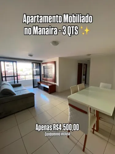 Apartamento mobiliado no Manaira com 3 quartos + DCE e area de lazer completa
