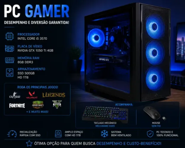 PC Gamer i5 + GTX 1050 Ti + SSD 500 GB + HD 1 TB + Teclado Mecânico