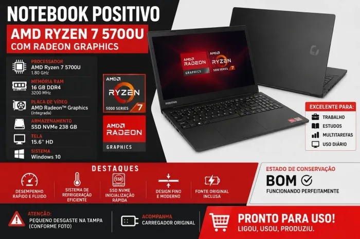 Notebook Positivo Ryzen 7 5700U | 16GB RAM | SSD NVMe 238GB | Radeon