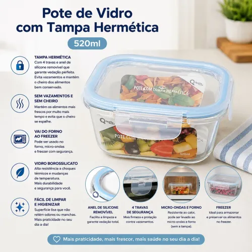 Pote de Vidro Hermético 520ml Borossilicato - Tampa Azul com 4 Travas