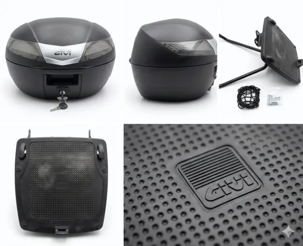 Baú Givi 45 Litros - Acabamento Fibra de Carbono + Suporte Completo