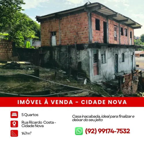 CASA À VENDA - CIDADE NOVA | POSSUI 5 QUARTOS INACABADOS | 147 m² ÁREA AMPLA<br>