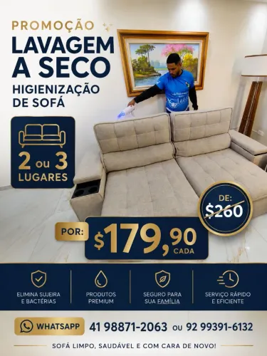 LAVAGEM A SECO HIGIENIZAÇÃO DE SOFÁ E CADEIRAS CAMA 