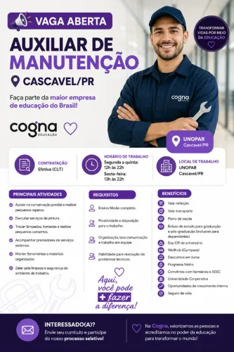 ? OPORTUNIDADE DE EMPREGO NA COGNA | CASCAVEL - PR ?