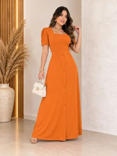 Vestido Joyce Longo Cor Laranja Malha Suede Veste M - G