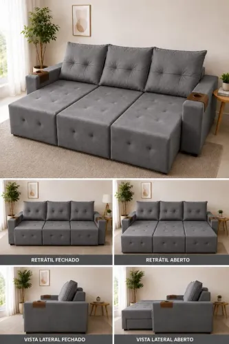 sofa retratil 3 modulos cinza