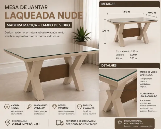 Mesa de Jantar em Madeira Maciça Laqueada Nude com Tampo de Vidro