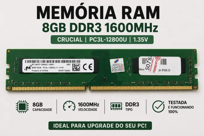 Memória RAM 8GB DDR3 1600MHz Desktop - Funcionando 100%