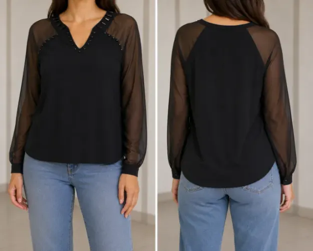 Blusa preta com mangas transparentes 
