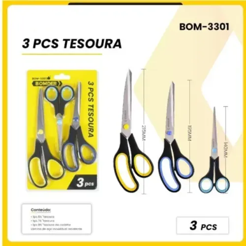 Jogo 3 Tesouras Multiuso Aço Inox Cabo Ergonômico Profissional