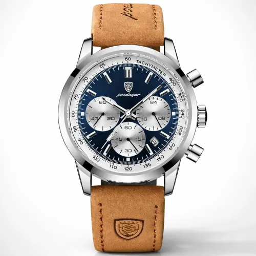 Relógio Masculino Poedagar 921 Chronograph Blue Silver Premium Pulseira Caramelo Camurça