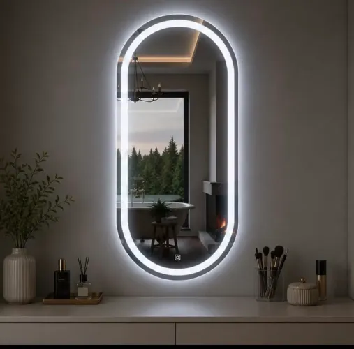 Espelho Oval Jateado Com Led e Botão Touch 80x50cm Lapidado Decoração Quarto Sala