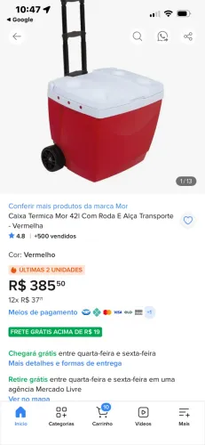 Caixa cooler térmica com roda e alça 42 litros
