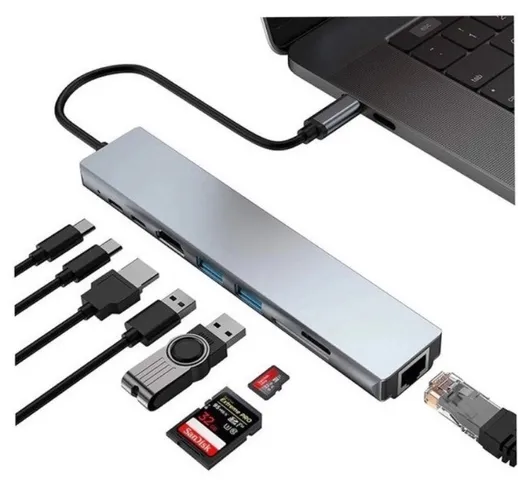 Adaptador Hub Type-C 8x1 Hdmi, Lan, Usb 3.0, Usb-C, Leitor Cartão para Macbook