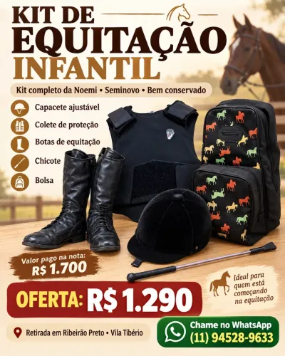 KIT COMPLETO DE EQUITAÇÃO INFANTIL, CAPACETE, COLETE, BOTA, CHICOTE E BOLSA