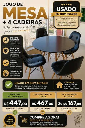 Jogo de mesa redonda com 4 cadeiras usado em bom estado