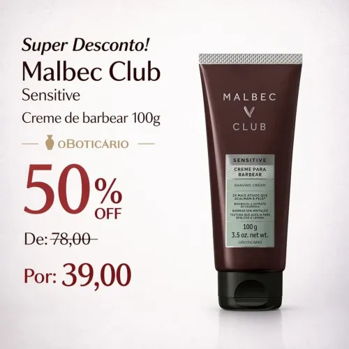 Malbec Creme para Barbear Malbec Club Sensitive 100g 50% Off Boticário