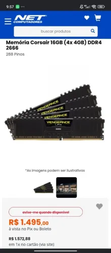 Memória RAM 4 pentes de 4GB Corsair Vengeance 2666mHz<br>Valor: 1000 aceito proposta