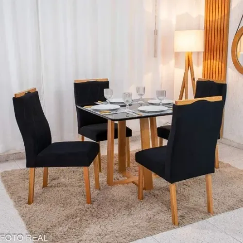 Mesa de Jantar Souza 90x90 C/4 Cadeiras em Veludo e Madeira Maciça rf43 S