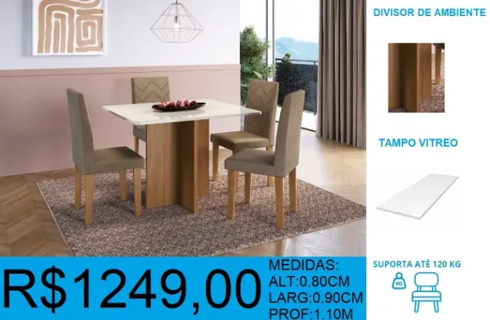 Mesa com tampo em vitreo e 4 cadeiras - montagem e frete gratuito