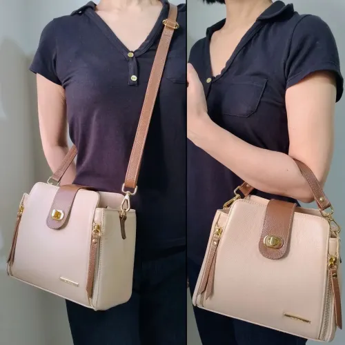 2 em 1 - Mão e Tiracolo, em Couro, quase Nova, Bege e Marrom, Bolsa Feminina