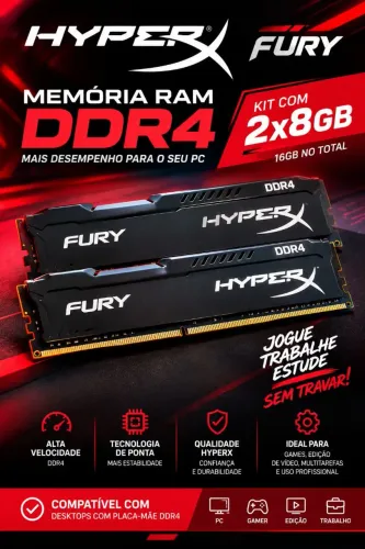 Kit Memória RAM HyperX Fury DDR4 16GB (2x8GB) para PC Desktop - Seminovas