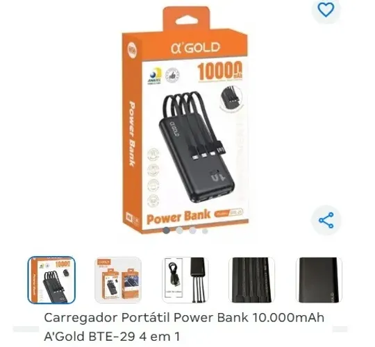 Carregador Portátil Power Bank 10.000mAh A'Gold BTE-29 4 em 1