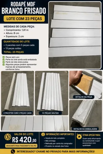 23 rodapés MDF branco frisado 1,81 x 8 cm - sem uso