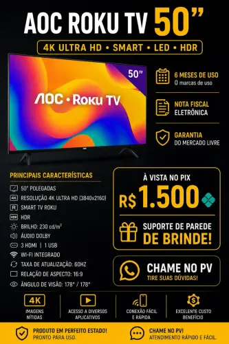 TV AOC 50 Polegadas 4K + Roku TV