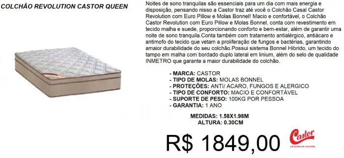 COLCHÃO QUEEN CASTOR MOLAS 30CM