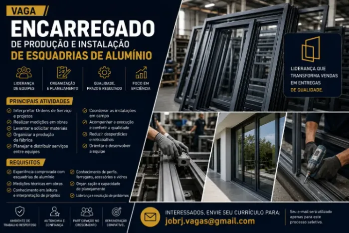 VAGA - ENCARREGADO DE PRODUÇÃO E INSTALAÇÃO DE ESQUADRIAS DE ALUMÍNIO