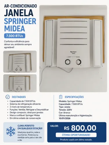 Ar-Condicionado Janela Springer Midea 7.500 BTUs -Excelente Estado - Revisado - R$800