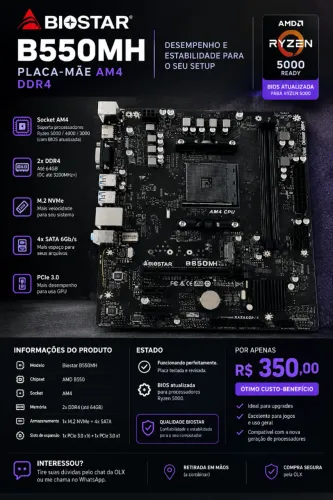 Placa-Mãe Biostar B550MH AM4 (DDR4, BIOS Atualizada Ryzen 5000)
