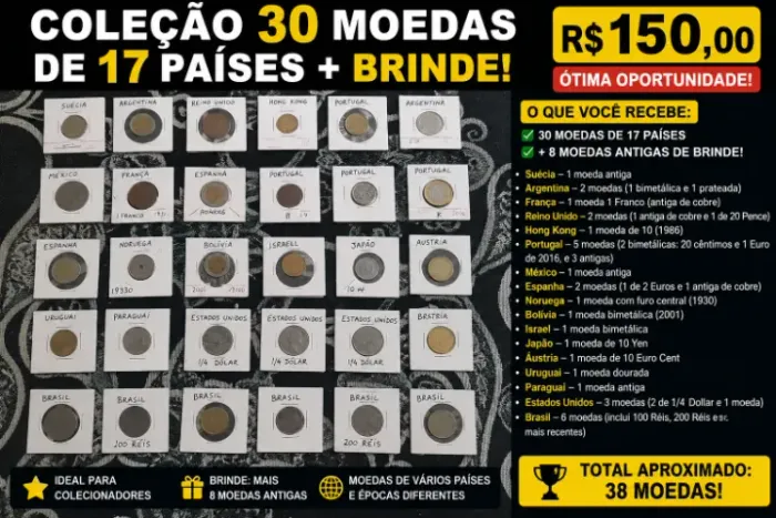 Coleção com 30 Moedas Antigas e Estrangeiras de 17 Países + Brinde