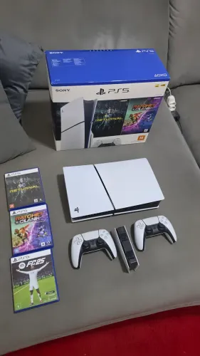 PS5 Slim 1TB + 2 Controles + Base Original + 3 Jogos + Caixa + Nota Fiscal