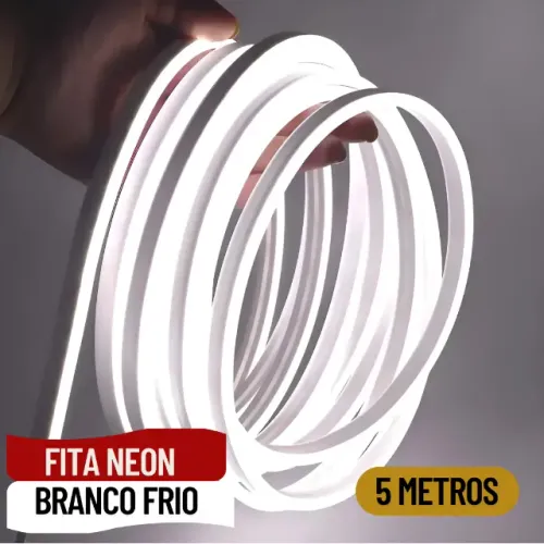 Fita LED Neon Flex 5m Siliconada IP65 12V com Fonte Corte 2,5cm Branco Frio - SCS03