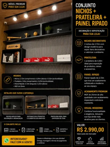 Conjunto Nichos + Prateleira + Painel Ripado MDF 25mm para Loja Seminovo