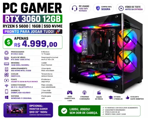 ? PC Gamer RTX 3060 12GB | Ryzen 5 5600 | 16GB | RGB Completo | Pronto para Jogar