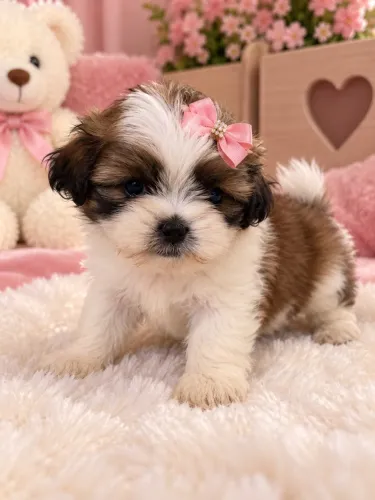 Lhasa Apso fêmea branca e marrom