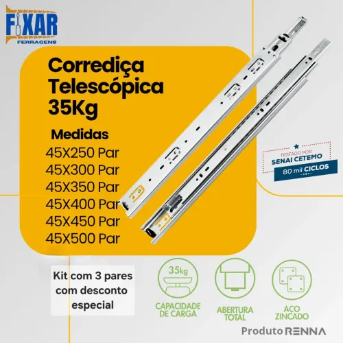 Corrediça telescópica 350mm para 35kg