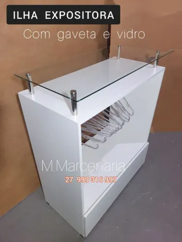 ILHA EXPOSITORA  COM VIDRO E GAVETA