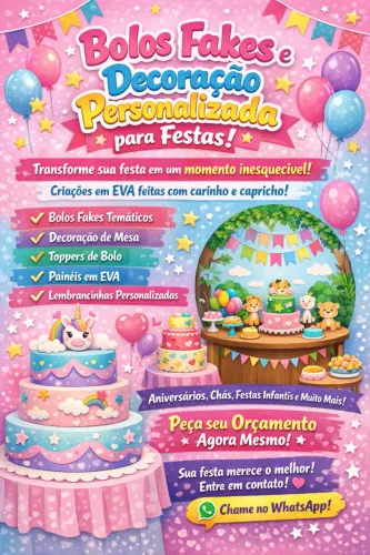 Criação artística para festas - Bolo fake, painel de EVA, decoração de mesa e papelaria.