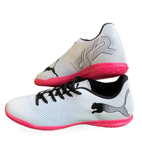 Chuteira Futsal Puma Primeira Linha Branca + Rosa