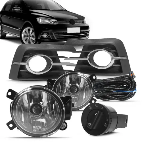 Kit Farol de Milha Neblina Auxiliar VW Gol Voyage G7 com Molduras Cromadas Botão Original
