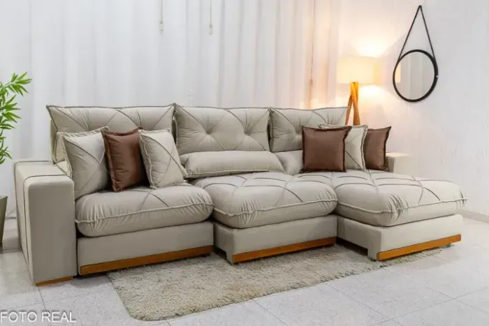 Sofá Retrátil Reclinável Gran Bello 3.20m Veludo Bege - Molas Ensacadas