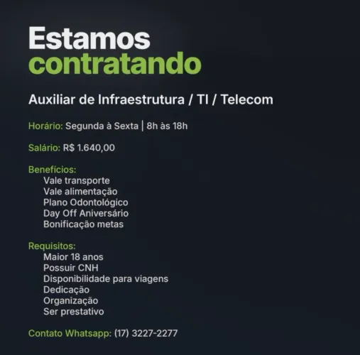 Auxiliar de infraestrutura para Ti e telecom