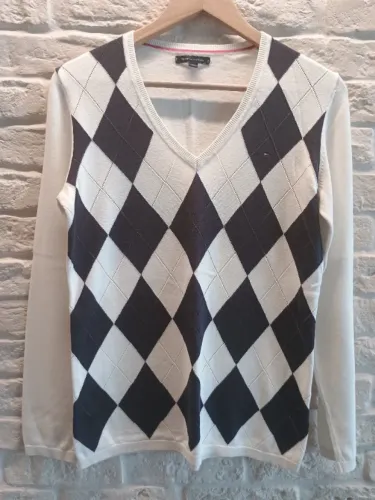 Suéter Tommy feminino em tricô branco e azul marinho tam M gola V - novo - original