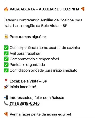 Vaga para auxiliar de cozinha 